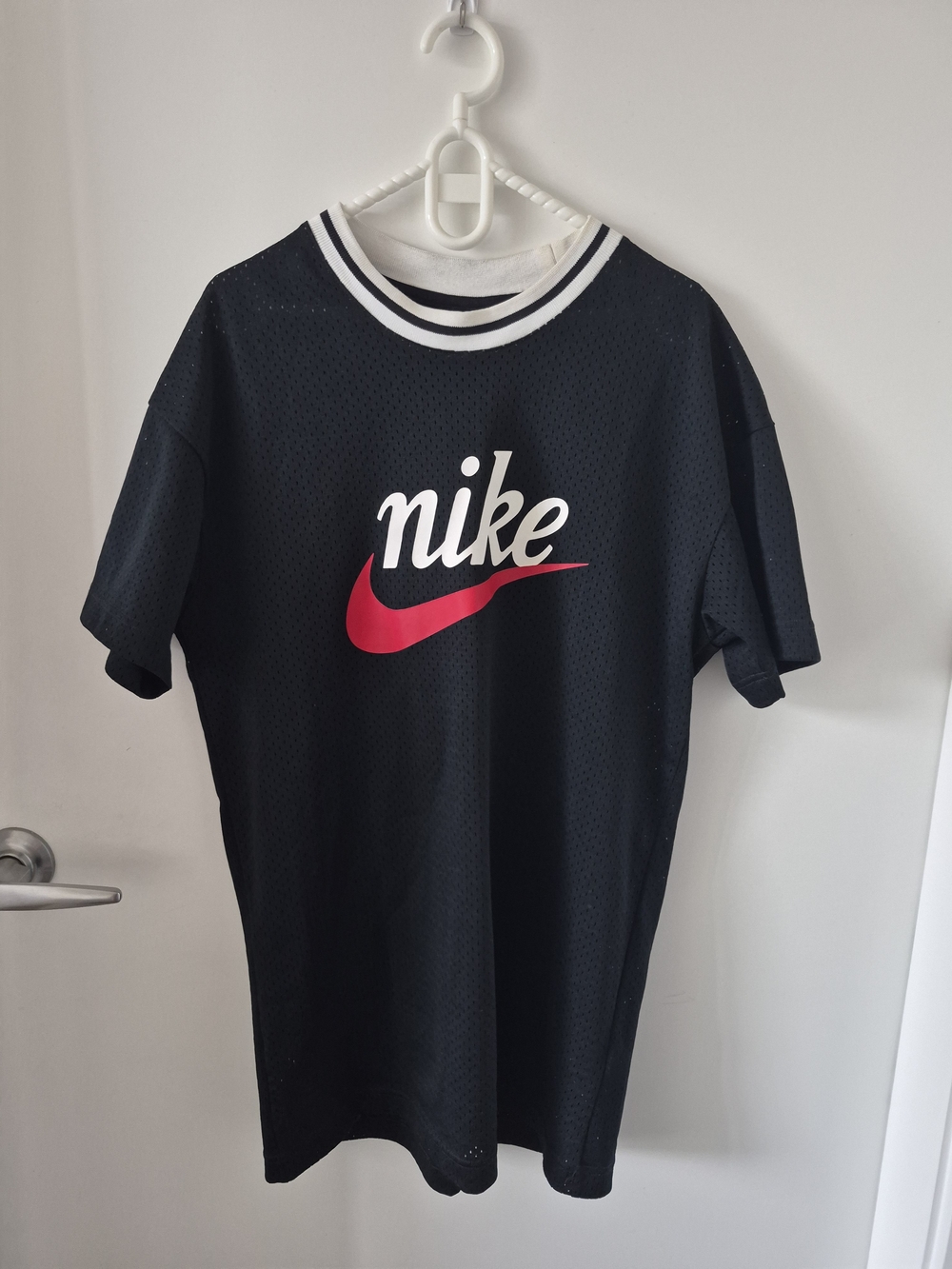 Nike Men’s Black Mesh Tee with Red Swoosh and White Script